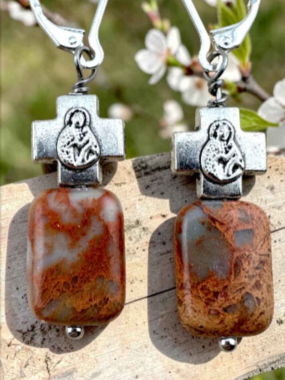Mother & Child Cross Earrings Blue Opal Jasper 925 Silver Filled Leverbacks
